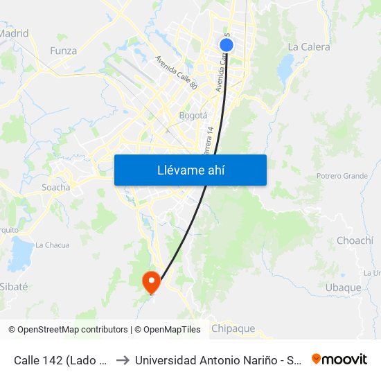 Calle 142 (Lado Norte) to Universidad Antonio Nariño - Sede Usme map