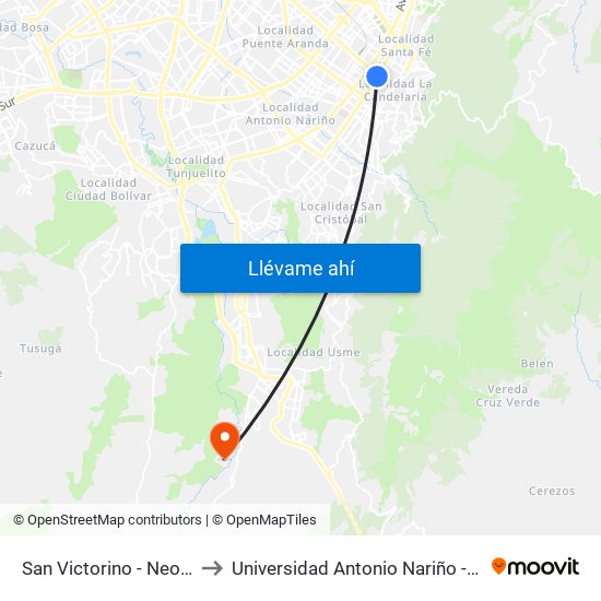 San Victorino - Neos Centro to Universidad Antonio Nariño - Sede Usme map