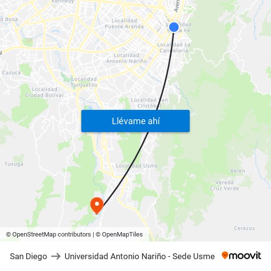 San Diego to Universidad Antonio Nariño - Sede Usme map