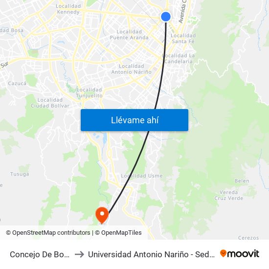 Concejo De Bogotá to Universidad Antonio Nariño - Sede Usme map