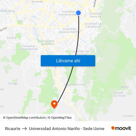 Ricaurte to Universidad Antonio Nariño - Sede Usme map