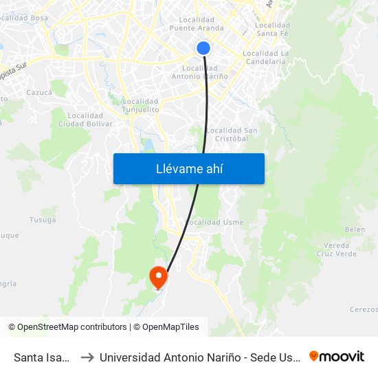 Santa Isabel to Universidad Antonio Nariño - Sede Usme map