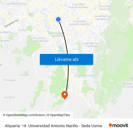 Alquería to Universidad Antonio Nariño - Sede Usme map