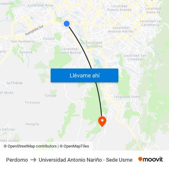 Perdomo to Universidad Antonio Nariño - Sede Usme map