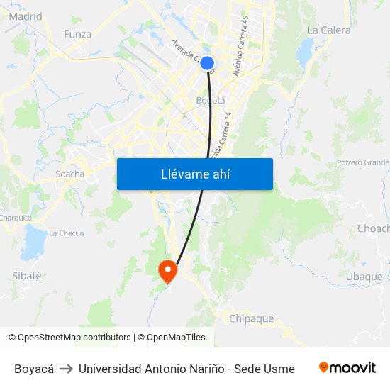 Boyacá to Universidad Antonio Nariño - Sede Usme map
