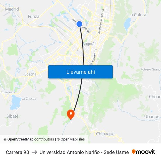 Carrera 90 to Universidad Antonio Nariño - Sede Usme map