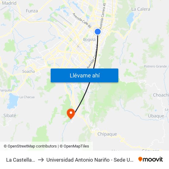 La Castellana to Universidad Antonio Nariño - Sede Usme map