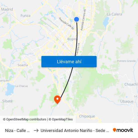 Niza - Calle 127 to Universidad Antonio Nariño - Sede Usme map