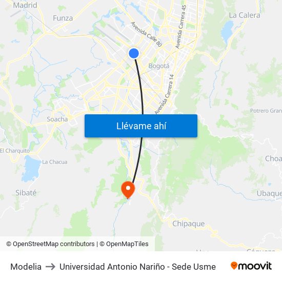 Modelia to Universidad Antonio Nariño - Sede Usme map