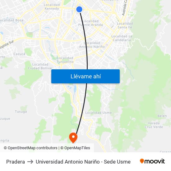Pradera to Universidad Antonio Nariño - Sede Usme map