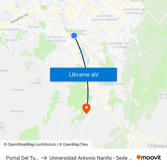 Portal Del Tunal to Universidad Antonio Nariño - Sede Usme map