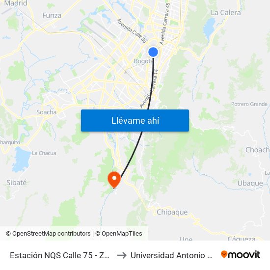 Estación NQS Calle 75 - Zona M (Av. NQS - Cl 75) to Universidad Antonio Nariño - Sede Usme map
