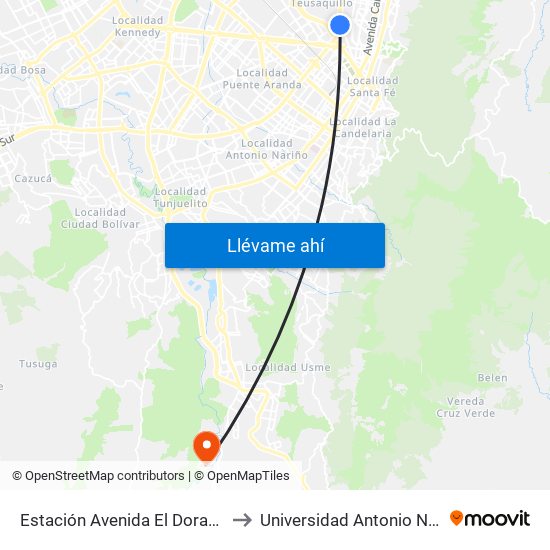 Estación Avenida El Dorado (Av. NQS - Cl 40a) to Universidad Antonio Nariño - Sede Usme map