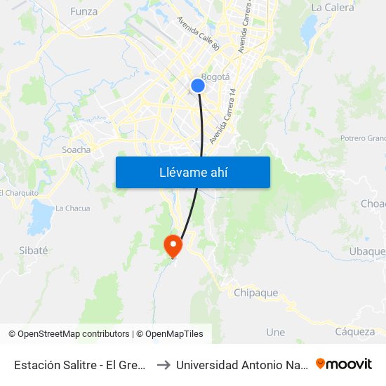 Estación Salitre - El Greco (Ac 26 - Ak 68) to Universidad Antonio Nariño - Sede Usme map