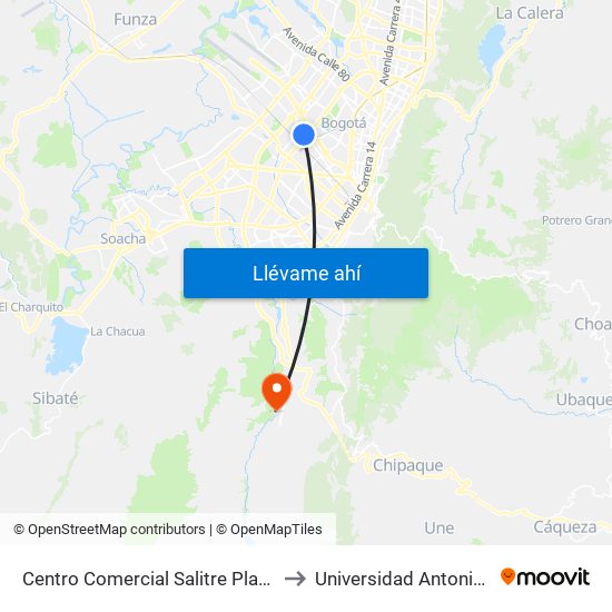 Centro Comercial Salitre Plaza (Av. La Esperanza - Kr 68a) to Universidad Antonio Nariño - Sede Usme map