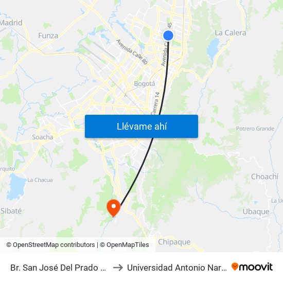 Br. San José Del Prado (Kr 45a - Cl 137) to Universidad Antonio Nariño - Sede Usme map
