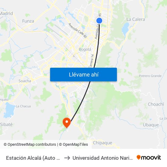 Estación Alcalá (Auto Norte - Cl 136) to Universidad Antonio Nariño - Sede Usme map
