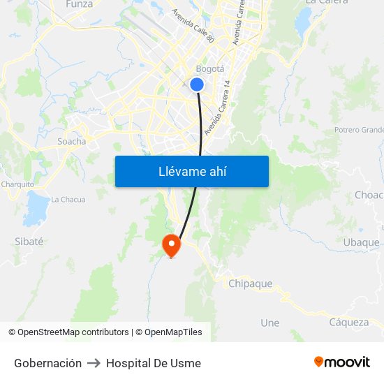 Gobernación to Hospital De Usme map