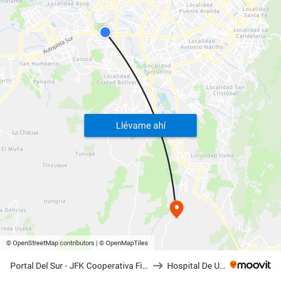 Portal Del Sur - JFK Cooperativa Financiera to Hospital De Usme map