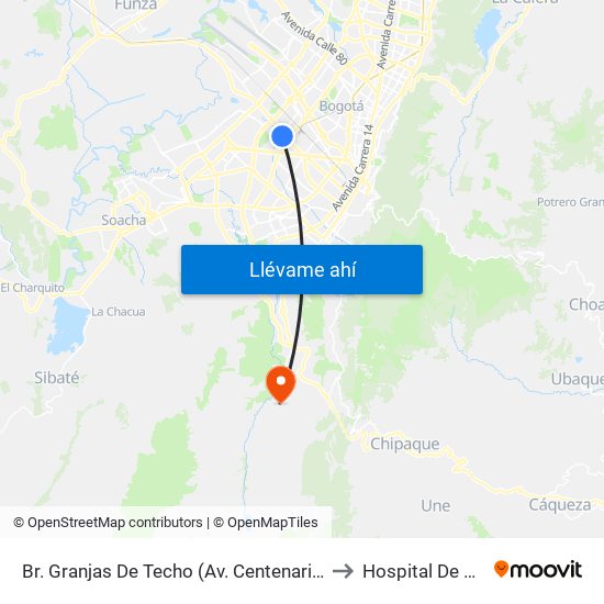 Br. Granjas De Techo (Av. Centenario - Kr 65) to Hospital De Usme map