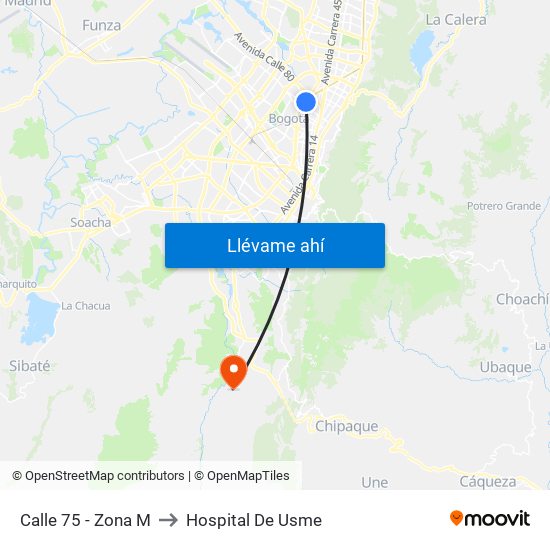 Calle 75 - Zona M to Hospital De Usme map