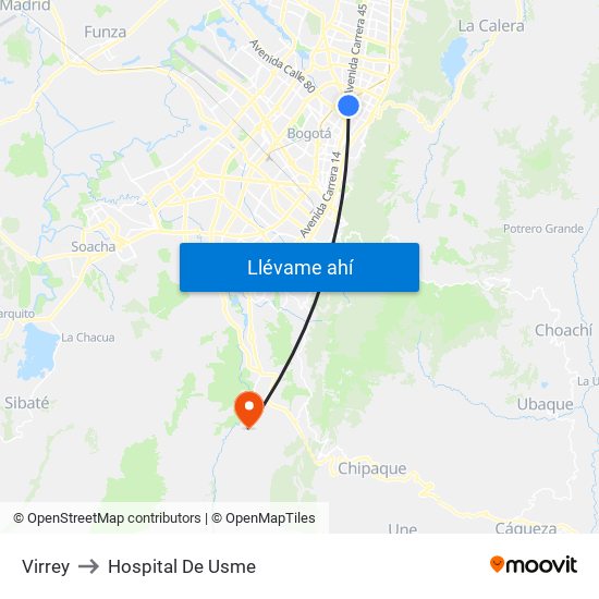 Virrey to Hospital De Usme map