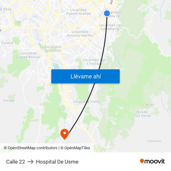 Calle 22 to Hospital De Usme map