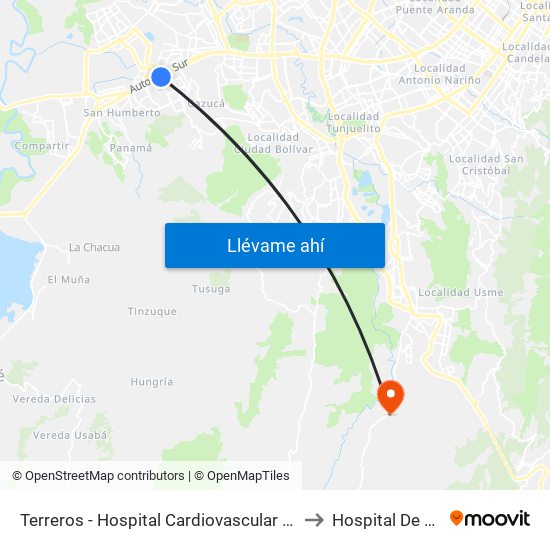 Terreros - Hospital Cardiovascular (Lado Sur) to Hospital De Usme map