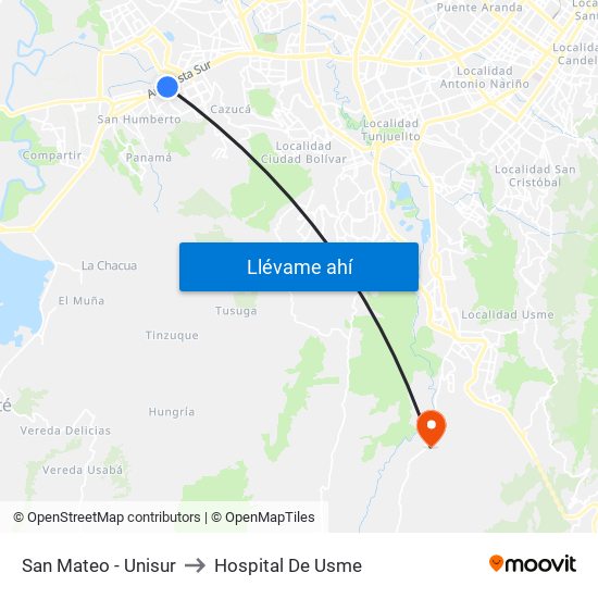 San Mateo - Unisur to Hospital De Usme map