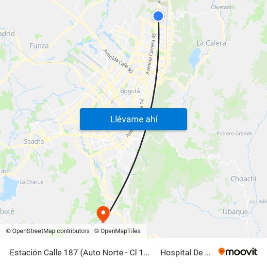 Estación Calle 187 (Auto Norte - Cl 187 Bis) (A) to Hospital De Usme map
