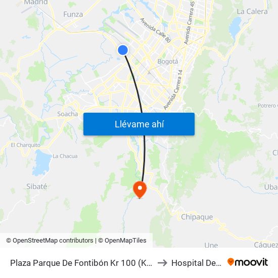 Plaza Parque De Fontibón Kr 100 (Kr 100 - Cl 17a) to Hospital De Usme map