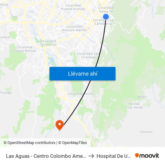 Las Aguas - Centro Colombo Americano to Hospital De Usme map