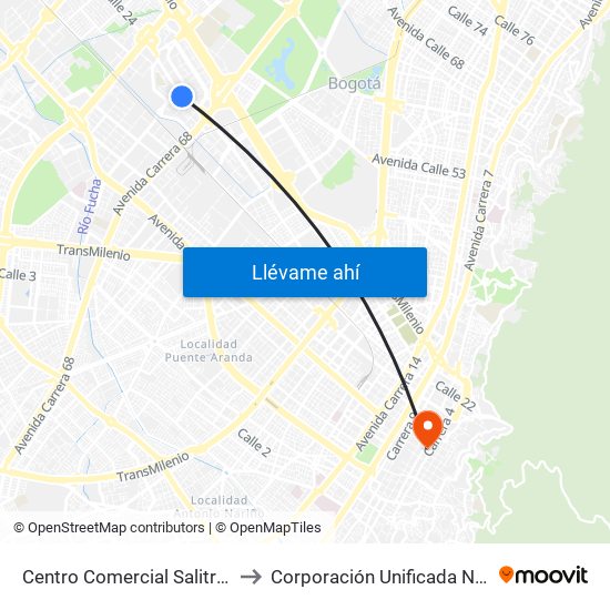 Centro Comercial Salitre Plaza (Av. La Esperanza - Kr 68b) to Corporación Unificada Nacional De Educacion Superior - Cun map