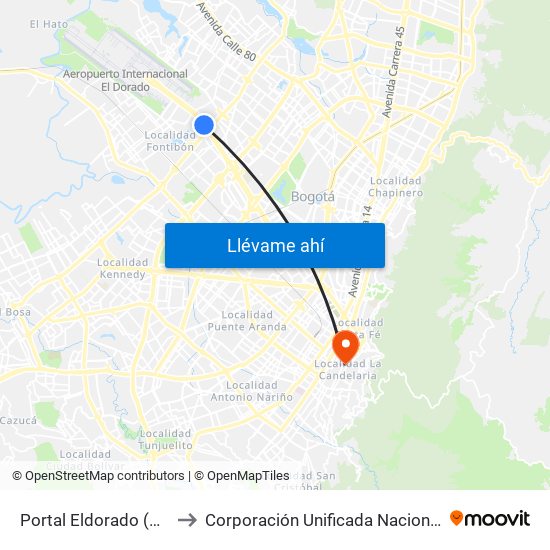 Portal Eldorado (Ac 26 - Av. C. De Cali) to Corporación Unificada Nacional De Educacion Superior - Cun map