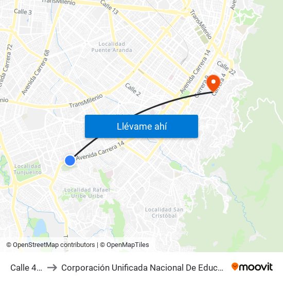 Calle 40 Sur to Corporación Unificada Nacional De Educacion Superior - Cun map