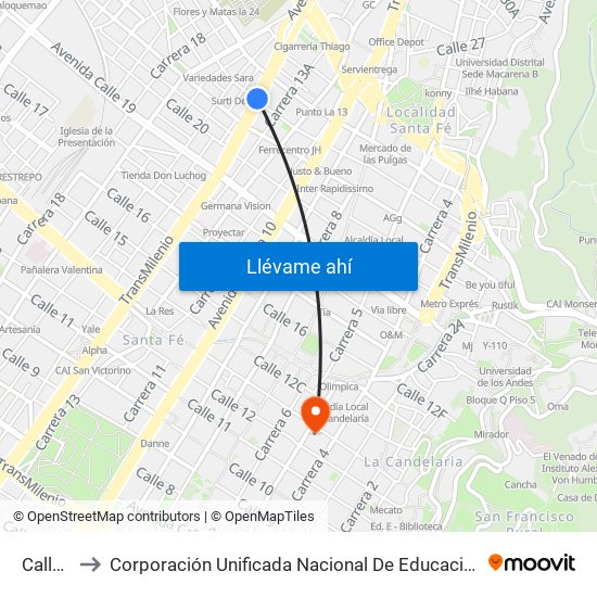 Calle 22 to Corporación Unificada Nacional De Educacion Superior - Cun map