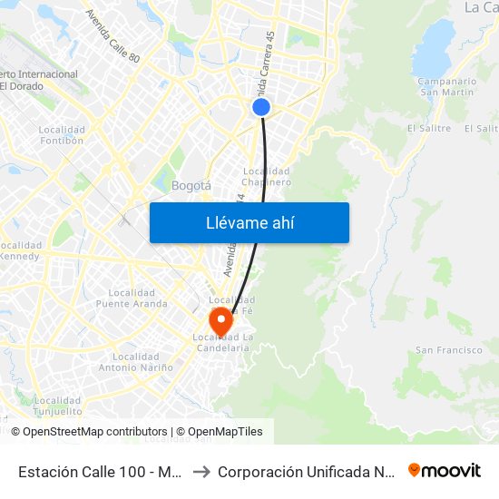 Estación Calle 100 - Marketmedios (Auto Norte - Cl 98) to Corporación Unificada Nacional De Educacion Superior - Cun map