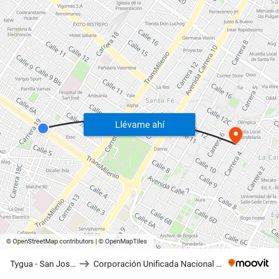 Tygua - San José (Lado Norte) to Corporación Unificada Nacional De Educacion Superior - Cun map