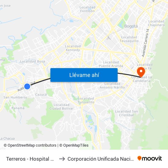 Terreros - Hospital Cardiovascular (Lado Sur) to Corporación Unificada Nacional De Educacion Superior - Cun map