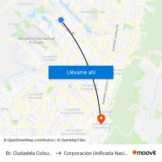 Br. Ciudadela Colsubsidio (Ac 80 - Kr 112a) to Corporación Unificada Nacional De Educacion Superior - Cun map