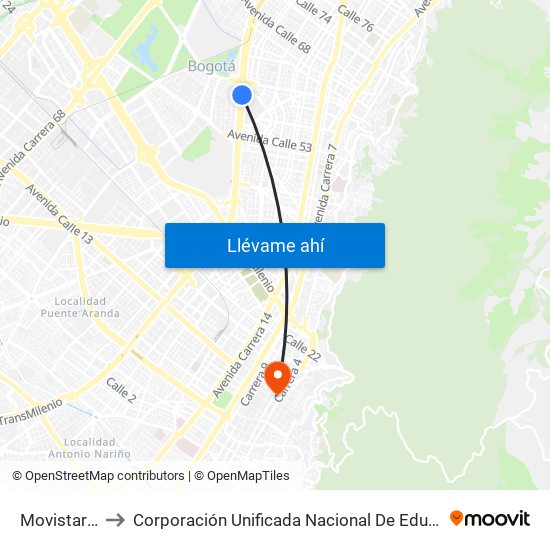 Movistar Arena to Corporación Unificada Nacional De Educacion Superior - Cun map