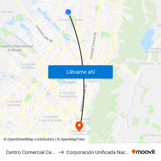 Centro Comercial Centro Suba (Av. Suba - Kr 91) to Corporación Unificada Nacional De Educacion Superior - Cun map