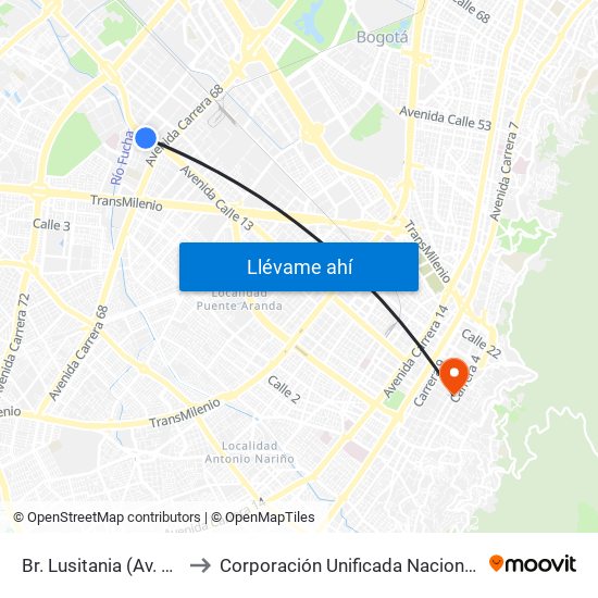 Br. Lusitania (Av. Centenario - Kr 68b) to Corporación Unificada Nacional De Educacion Superior - Cun map