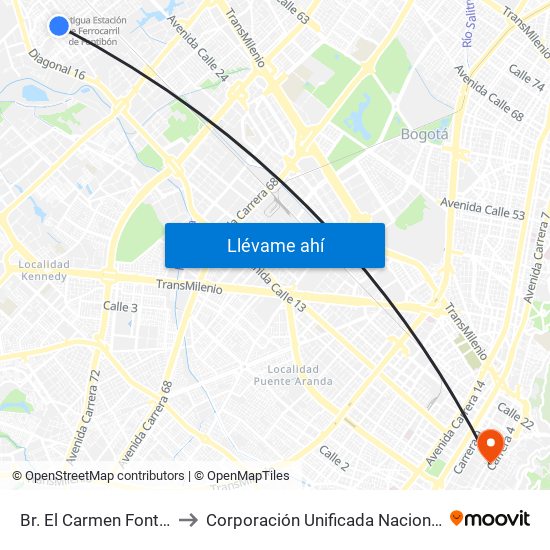 Br. El Carmen Fontibón (Cl 17 - Kr 100) to Corporación Unificada Nacional De Educacion Superior - Cun map