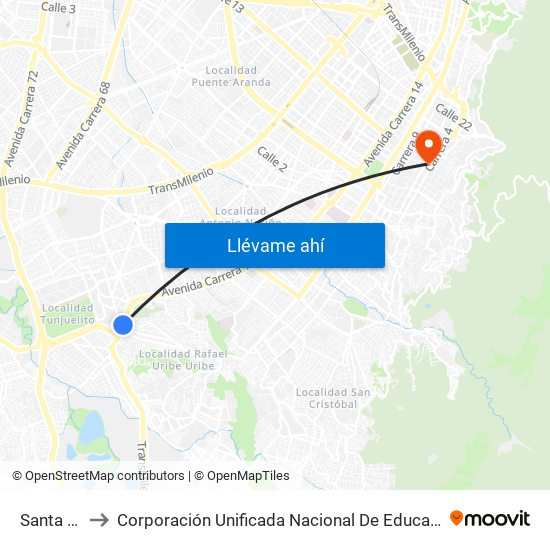 Santa Lucía to Corporación Unificada Nacional De Educacion Superior - Cun map