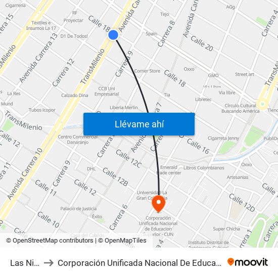 Las Nieves to Corporación Unificada Nacional De Educacion Superior - Cun map