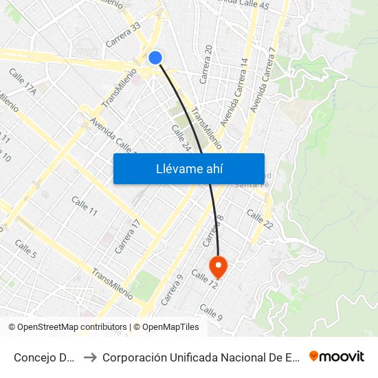 Concejo De Bogotá to Corporación Unificada Nacional De Educacion Superior - Cun map