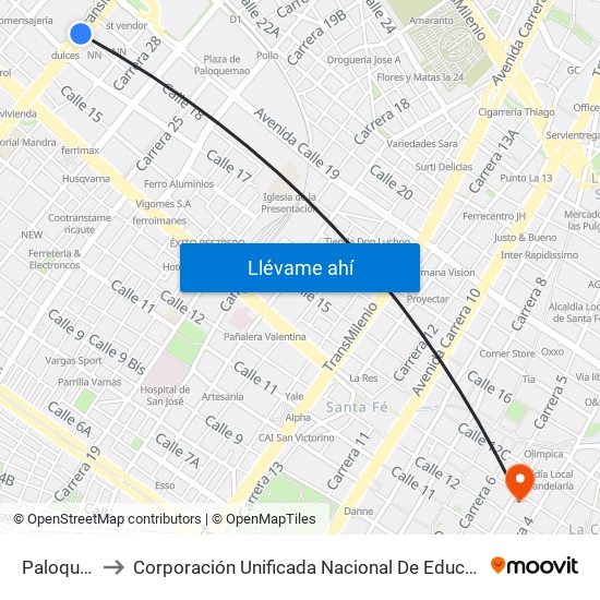 Paloquemao to Corporación Unificada Nacional De Educacion Superior - Cun map