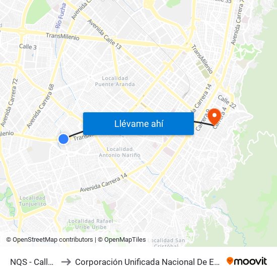 NQS - Calle 38a Sur to Corporación Unificada Nacional De Educacion Superior - Cun map