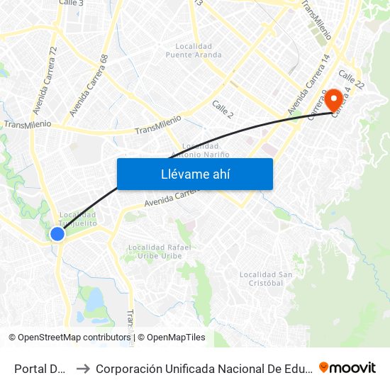 Portal Del Tunal to Corporación Unificada Nacional De Educacion Superior - Cun map